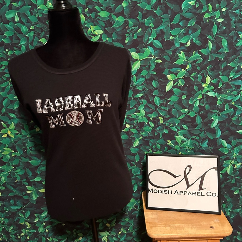 Black Baseball Rhinestone Mom T-Shirt
